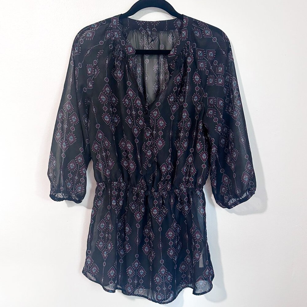 Maurice's Sheer Black Geometric Print Tunic Top With Elastic Waist & 3/4 Sleeves